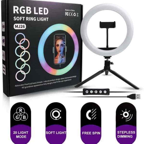 26cm MJ26 10.2" RGB LED Soft Ring Light with Phone Holder
