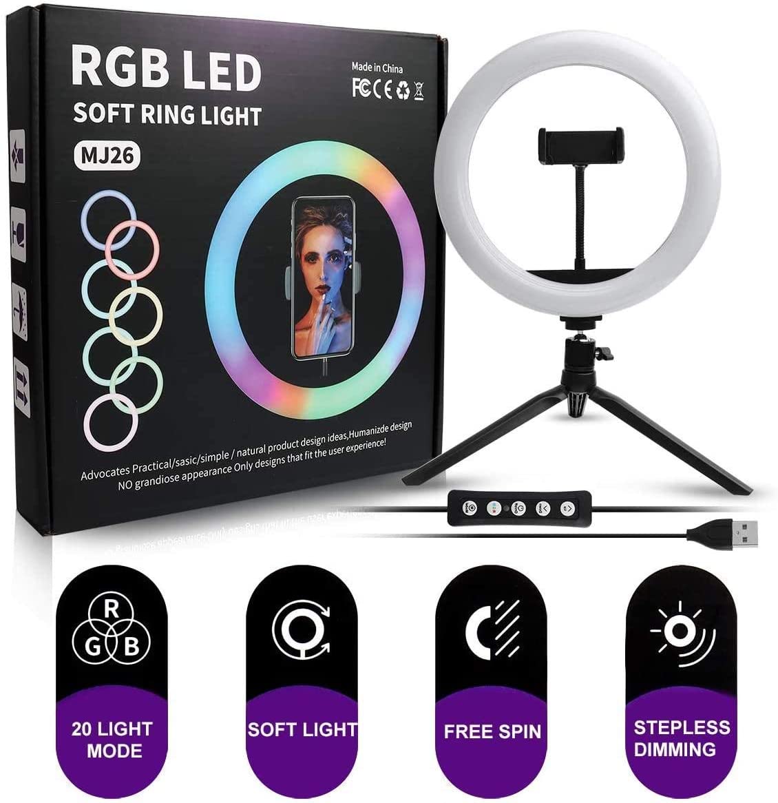 26cm MJ26 10.2" RGB LED Soft Ring Light with Phone Holder
