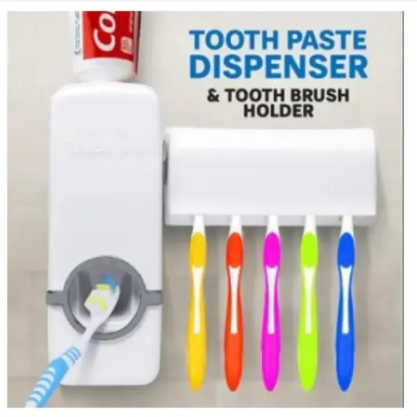 Wall-Mount Toothpaste Dispenser with 5 Brush Holder