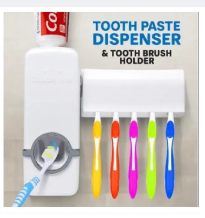 Wall-Mount Toothpaste Dispenser with 5 Brush Holder