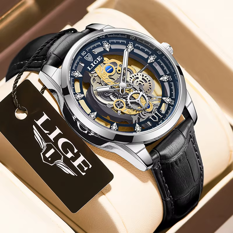 LIGE Men's Gold Stainless Steel Skeleton Quartz Watch
