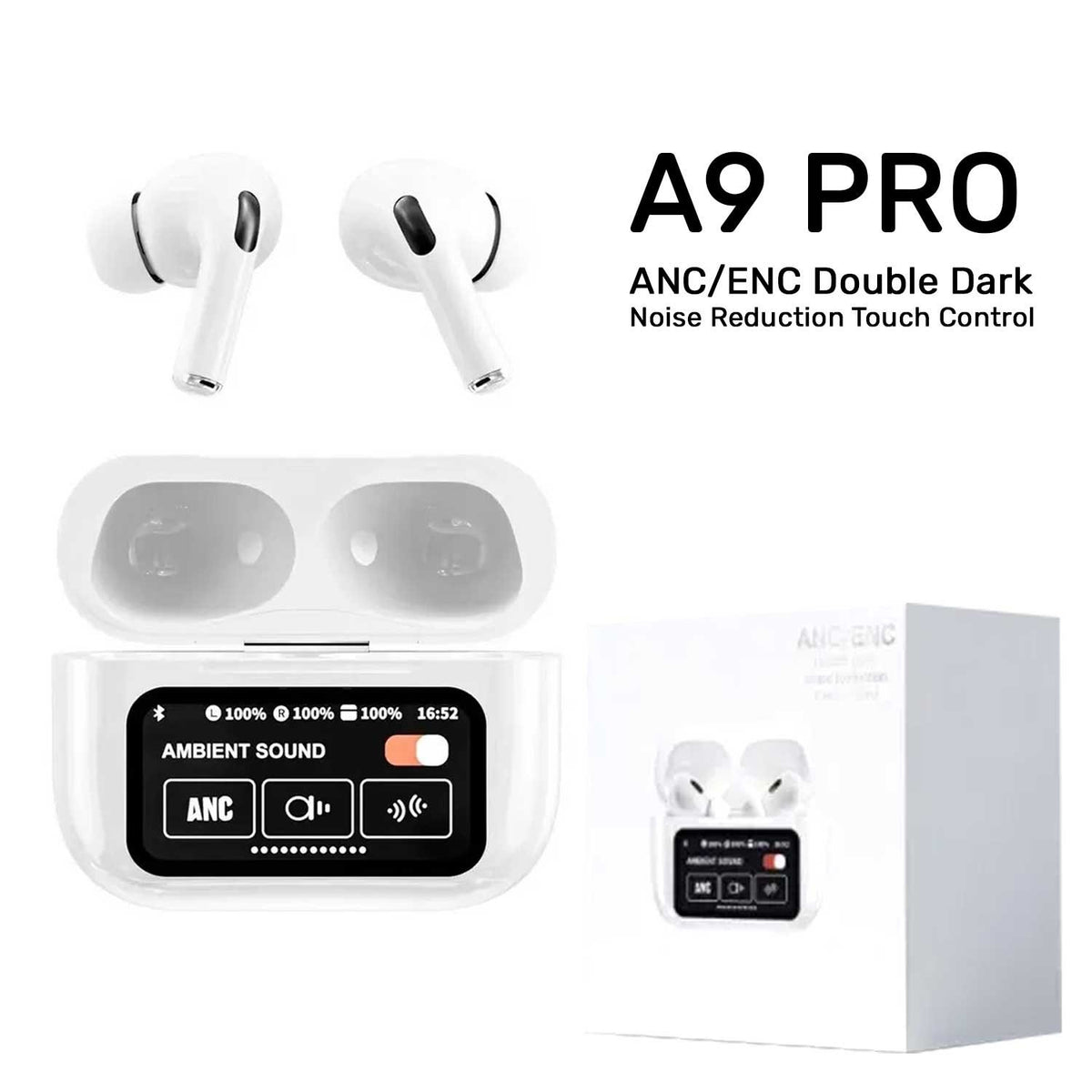 A9 Pro TWS Earbuds with LED Touch Display and Dual Noise Cancel