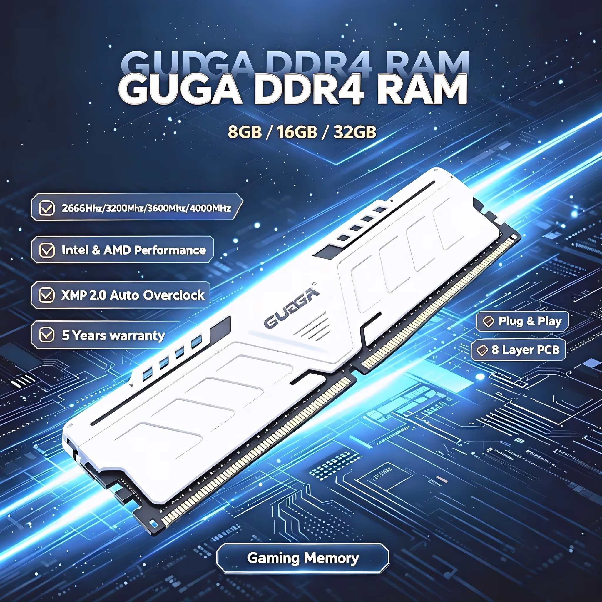 GUDGA DDR4 Desktop RAM 8-32GB 2666-4000MHz with Heatsink