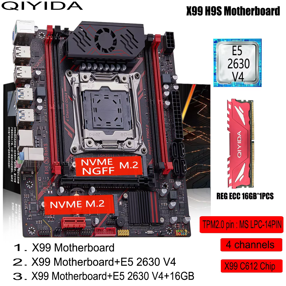 QIYIDA X99 H9S Motherboard Kit with Xeon E5 2630 V4 CPU 16GB ECC RAM