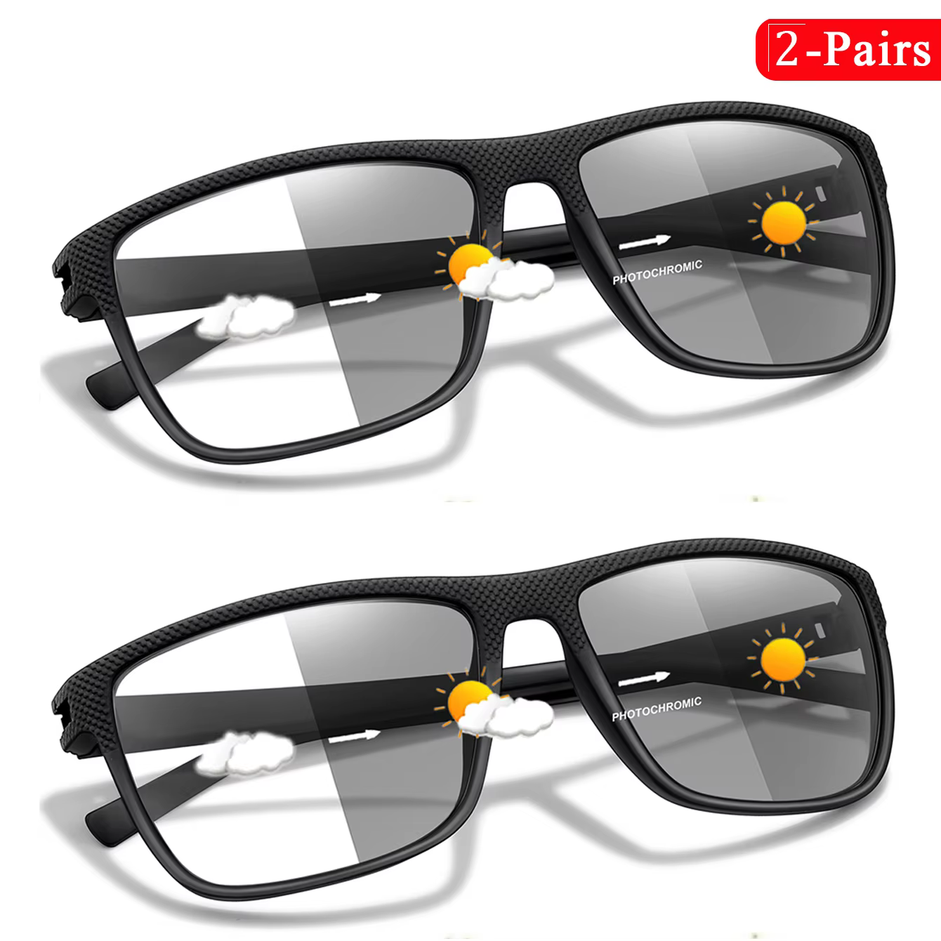 2 Pairs Photochromic Reading Glasses Rectangular +150 +200 +300