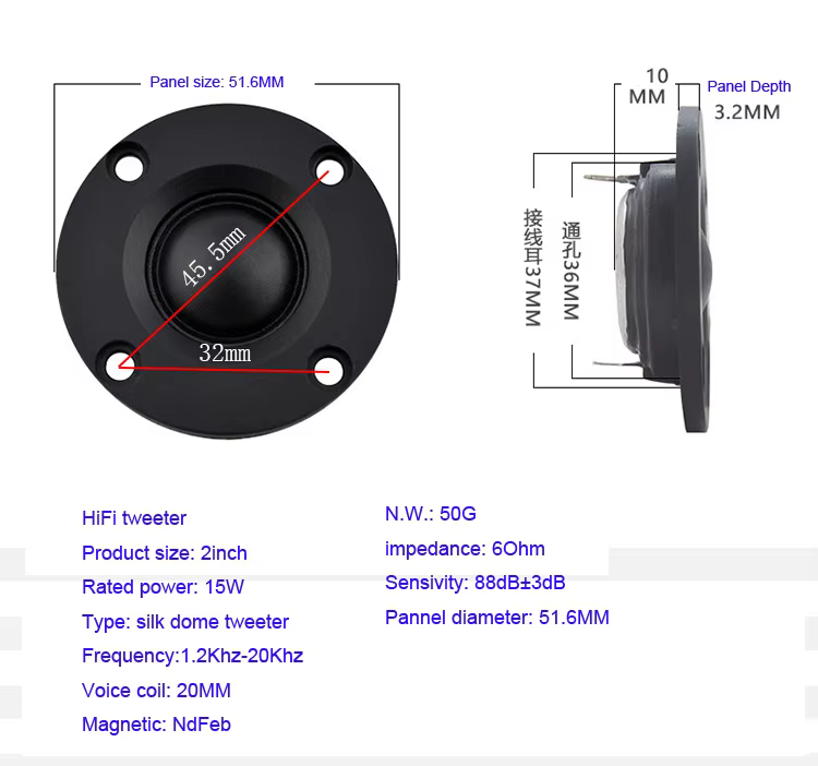 Sounderlink 2-3 Inch 15W Silk Dome Tweeter Speaker