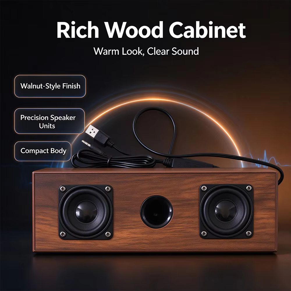 Wooden Wired Stereo Sound Bar with Dual 45mm Drivers