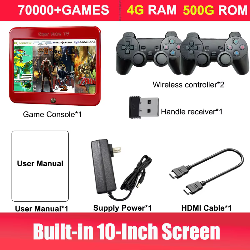 T1 Retro Game Console with 10'' HD Screen & 70,000+ Games