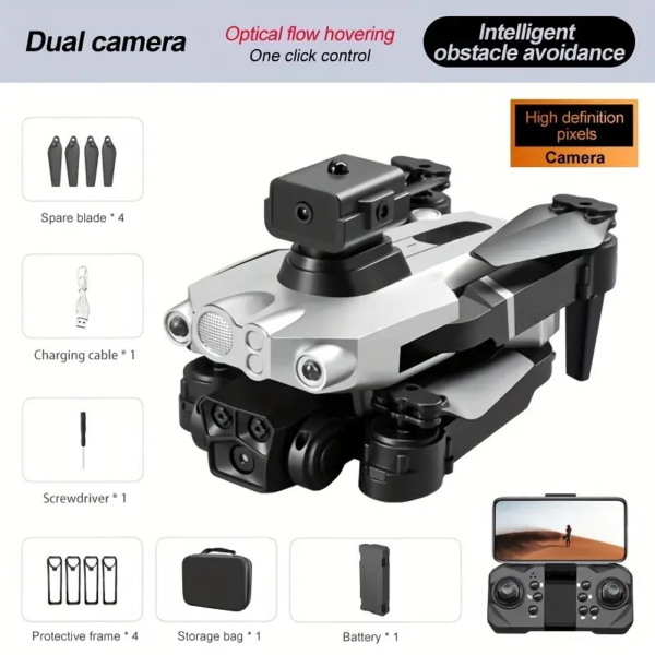 Silver Dual-Camera Drone with Optical Flow and Obstacle Avoidance