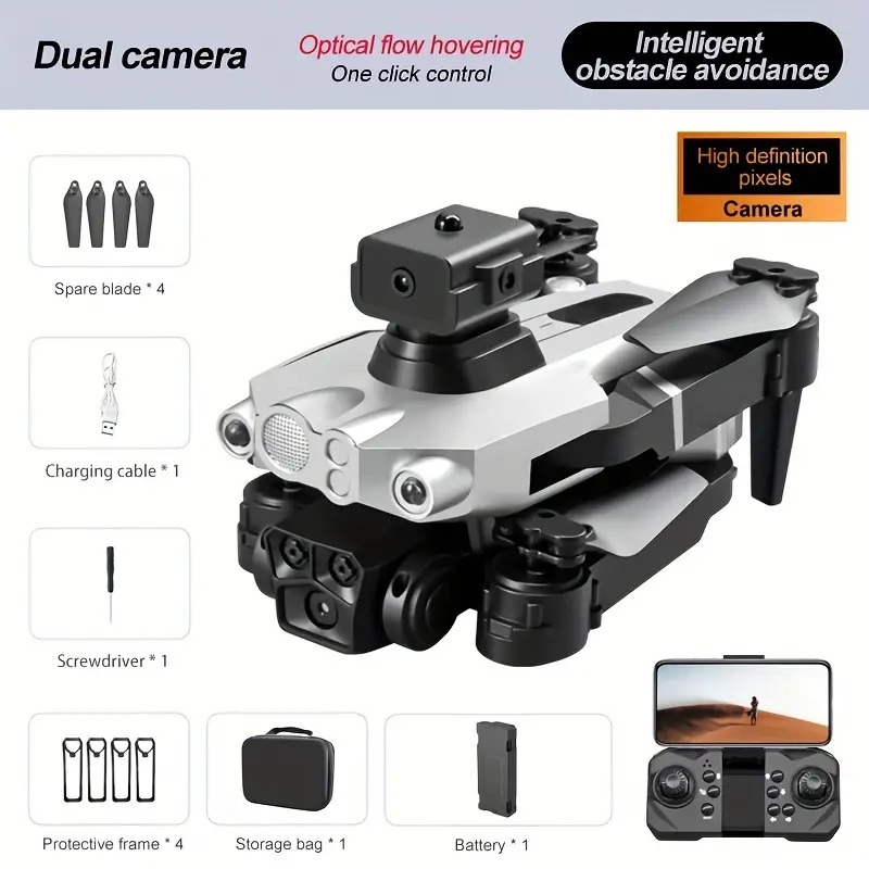 Silver Dual-Camera Drone with Optical Flow and Obstacle Avoidance