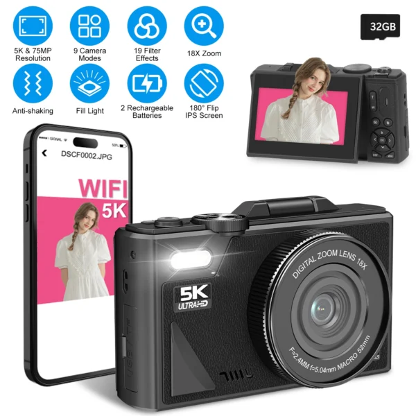 5K 75MP Digital Camera with 18X Zoom and Flip Screen