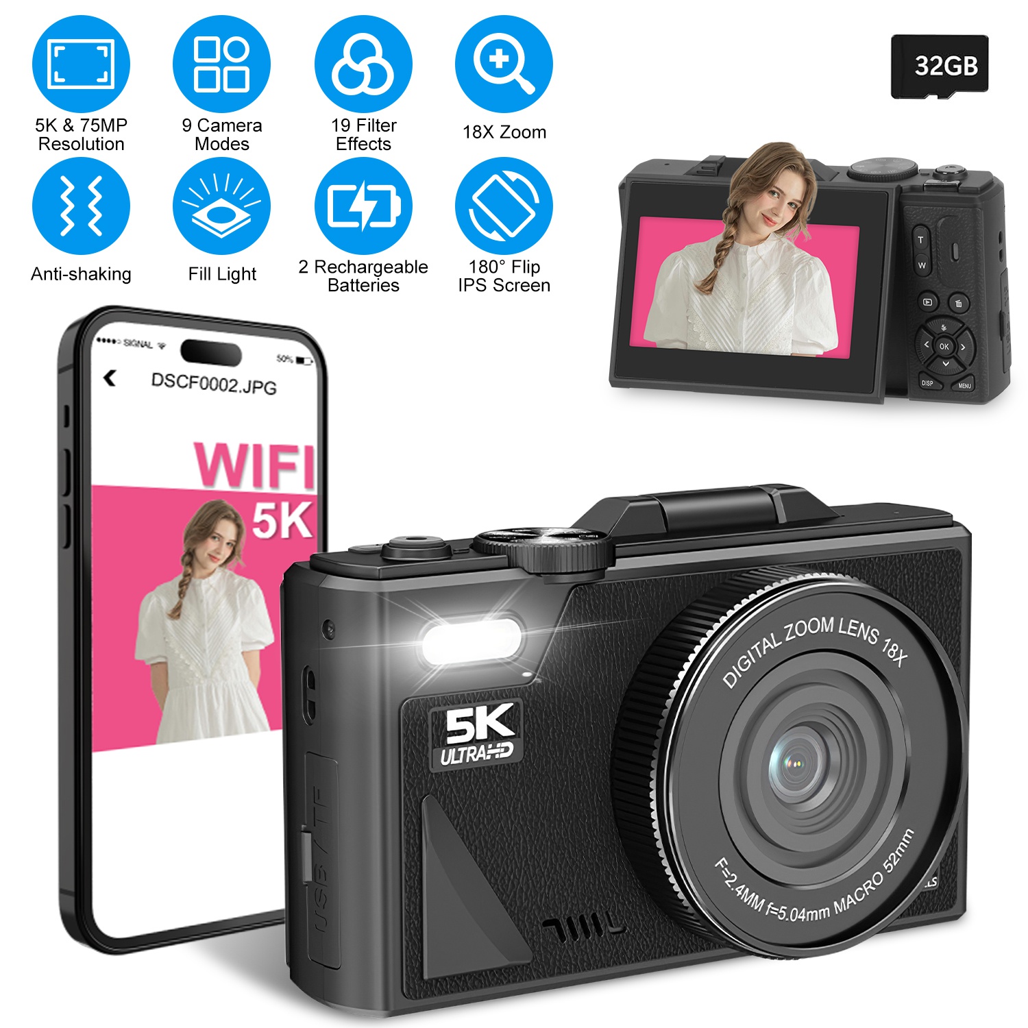 5K 75MP Digital Camera with 18X Zoom and Flip Screen