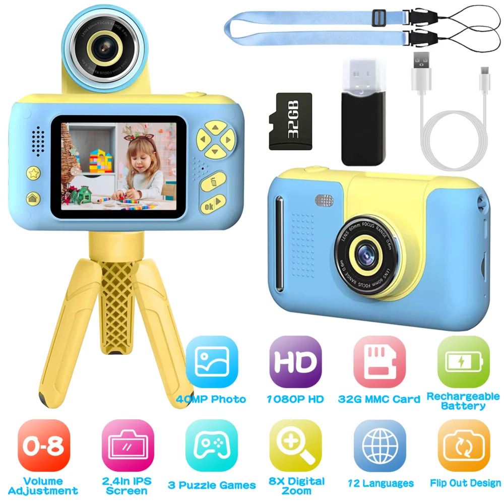 Kids Digital Camera with Flip Lens, 2.4in Screen & Tripod