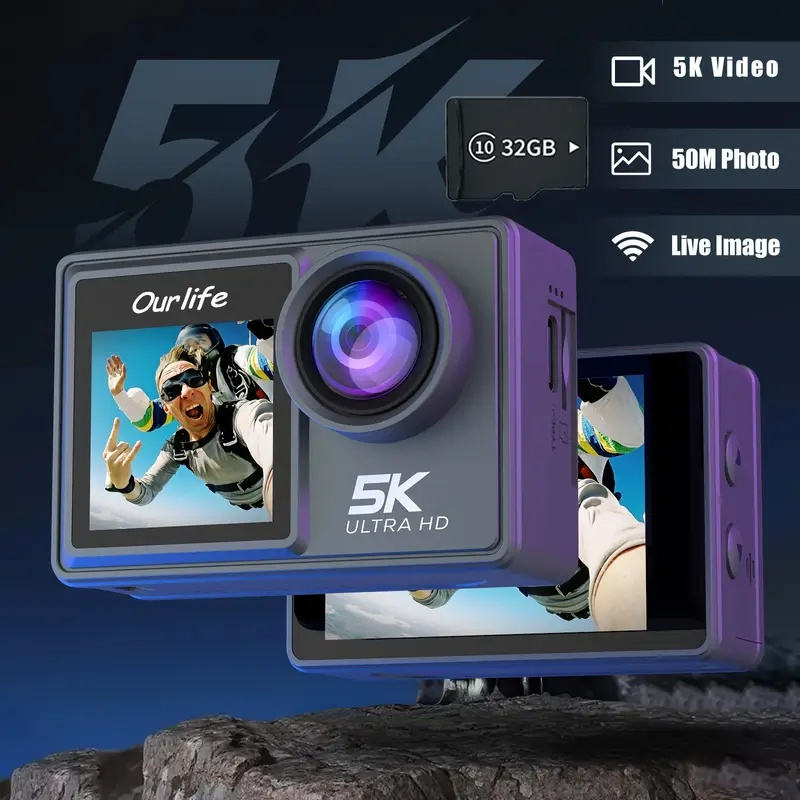 Ourlife 5K 30fps Action Cam with Dual Screen and 32GB Card