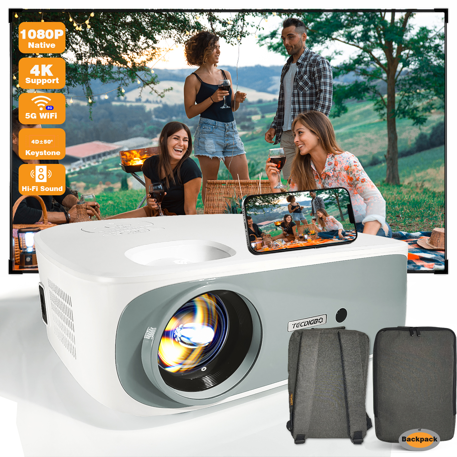 4K Bluetooth Projector 1080P with 4D Keystone Correction