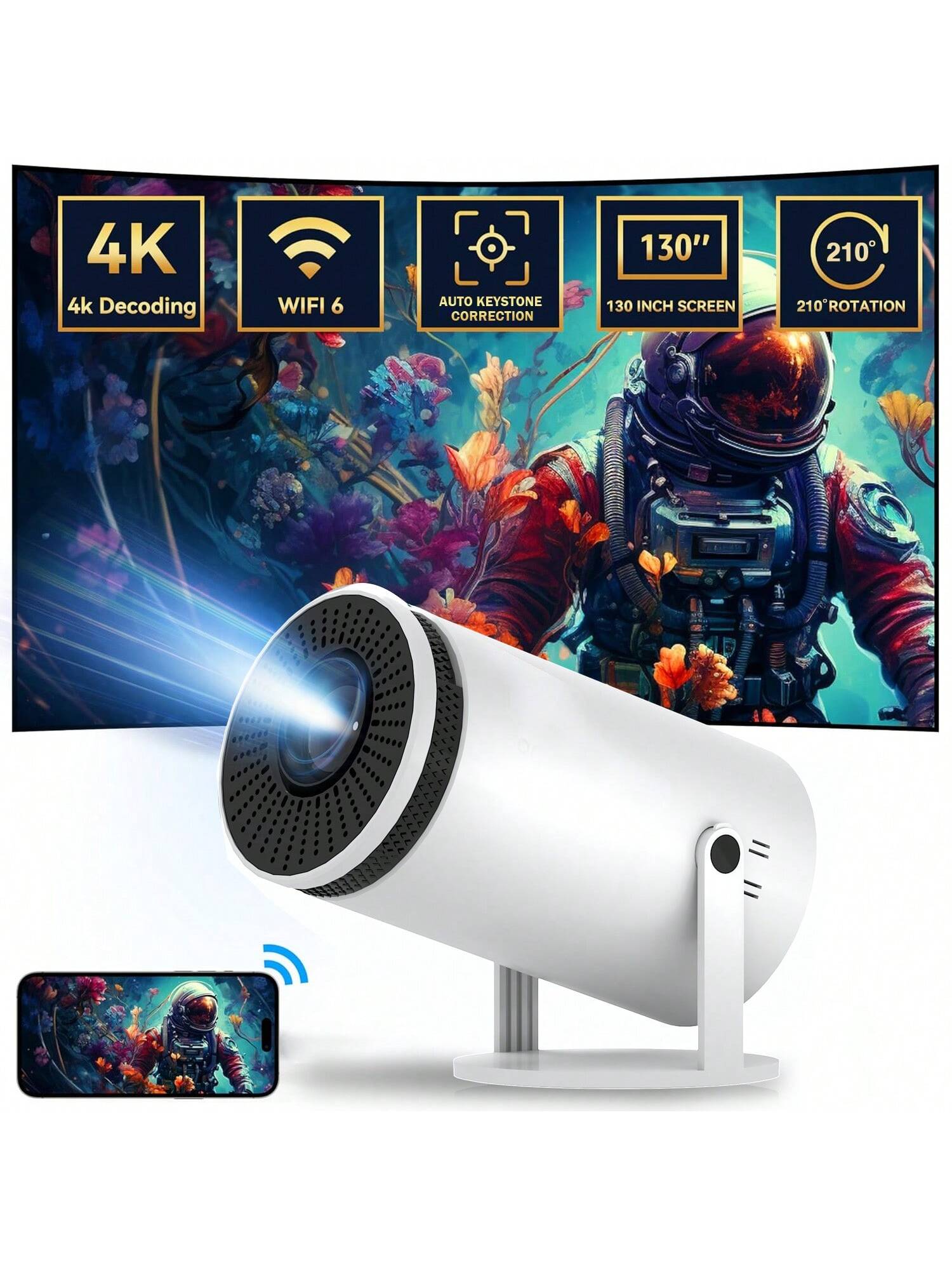 Smart Portable Theater Projector with Wifi 6 and Android 12