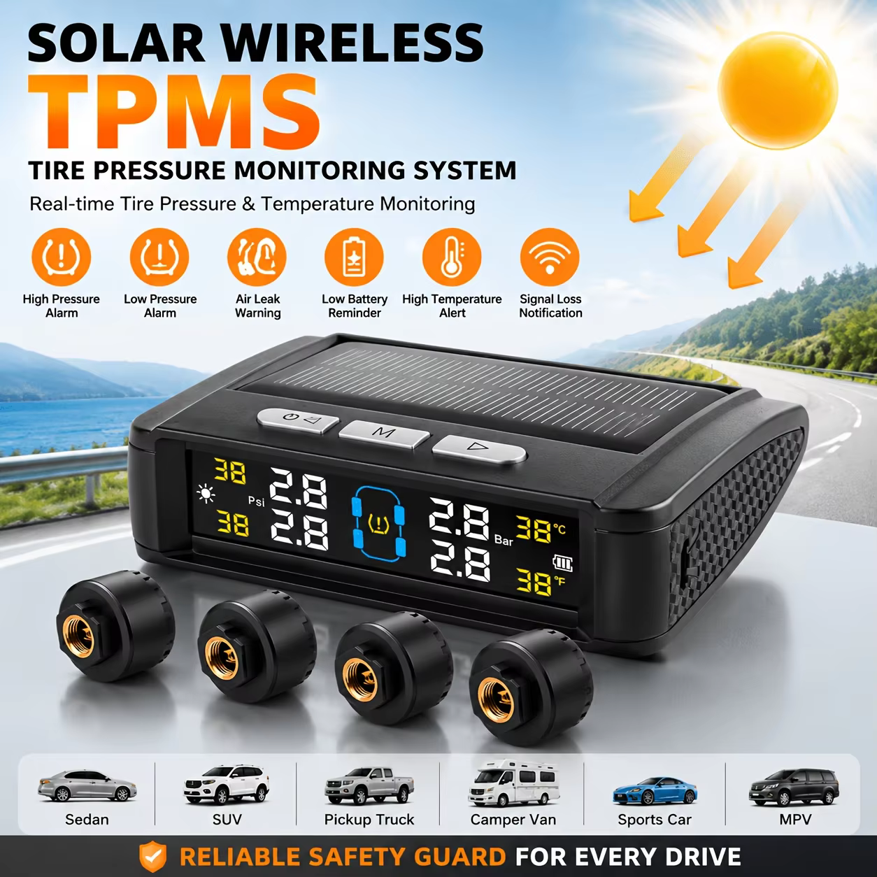 Solar Wireless TPMS with 4 Sensors for Cars and SUVs