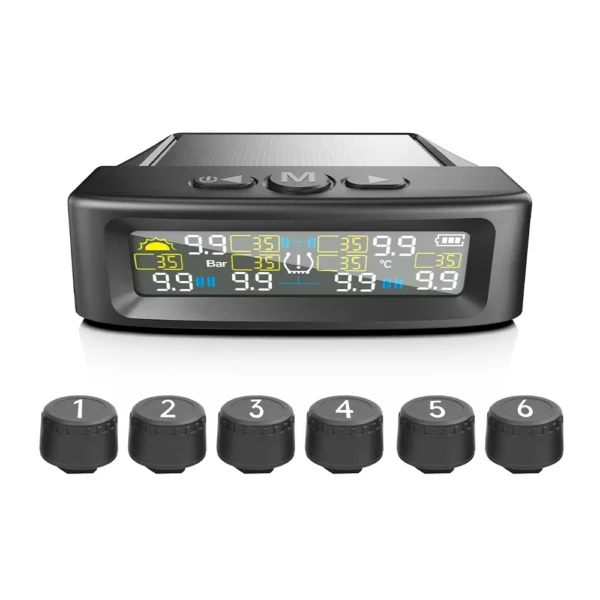 Solar TPMS Tire Pressure Alarm with 6 External Sensors