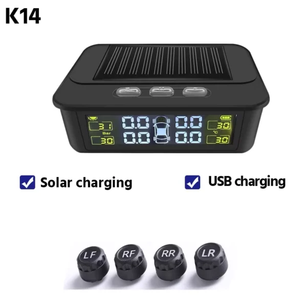 Solar & USB Charging TPMS with 4 Sensors Waterproof System