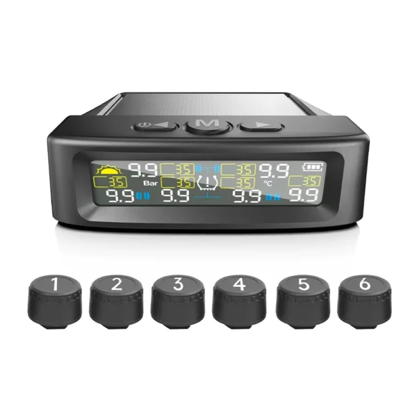 Solar TPMS Car Tire Pressure Alarm with 6 External Sensors