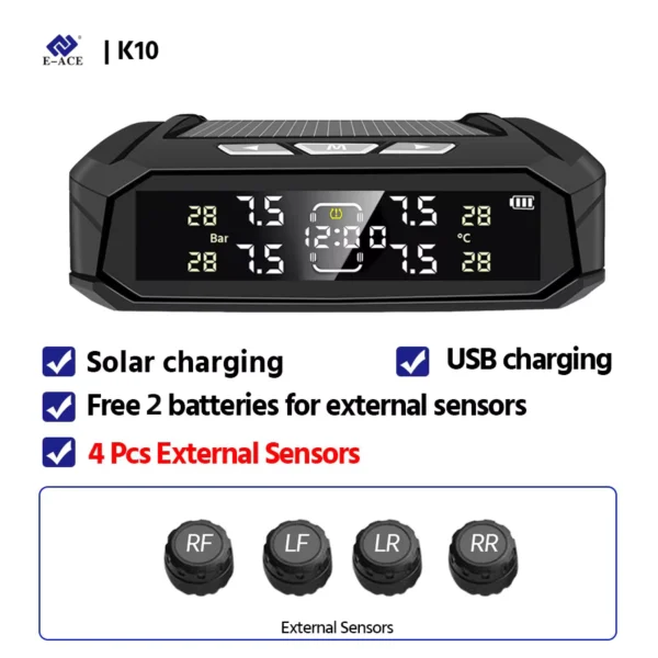 E-ACE K10 TPMS Solar Sensor System with LCD Display