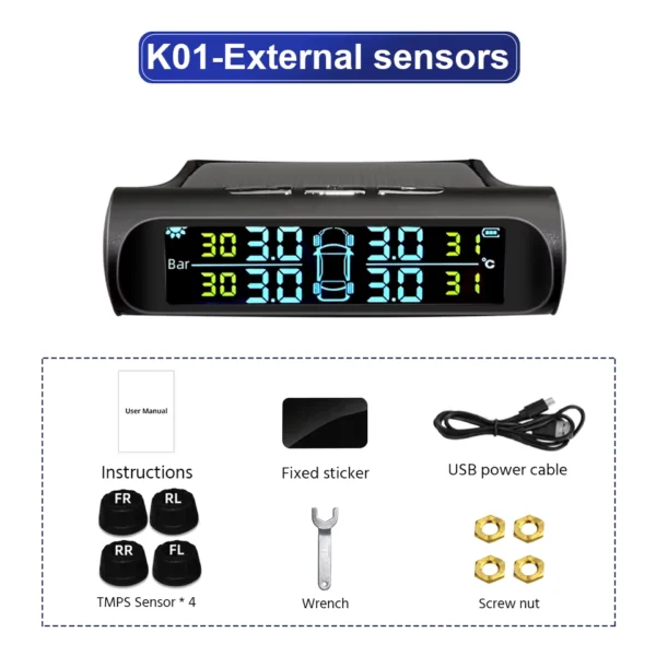 E-ACE Wireless Solar/USB TPMS with 4 Waterproof Sensors