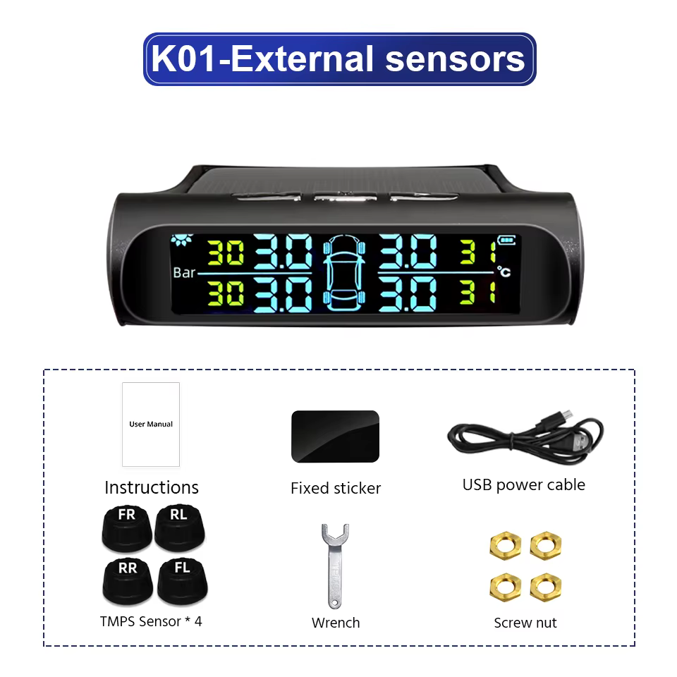 E-ACE Wireless Solar/USB TPMS with 4 Waterproof Sensors