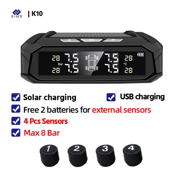 Acceo Car TPMS 8Bar Solar Powered Tire Monitor