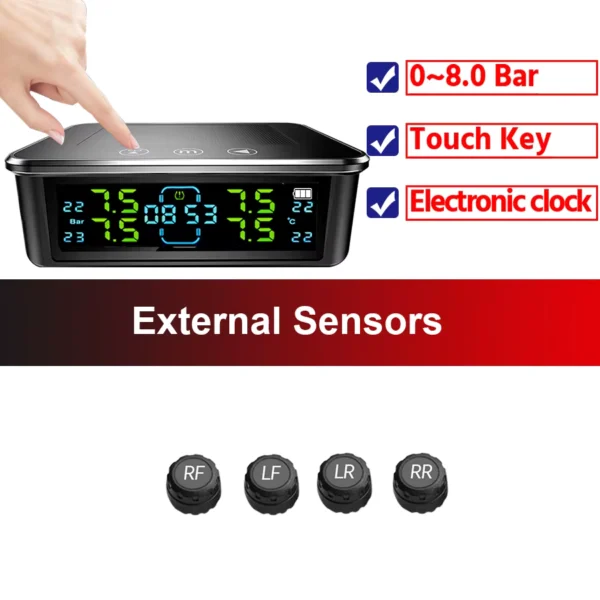 Solar TPMS Touch Screen with 4 Tire Sensors for RV Truck SUV