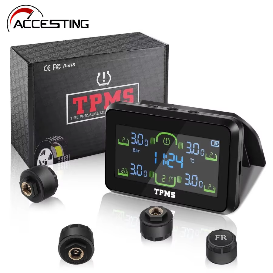 Solar TPMS Car Tire Pressure Monitor with 4 External Sensors