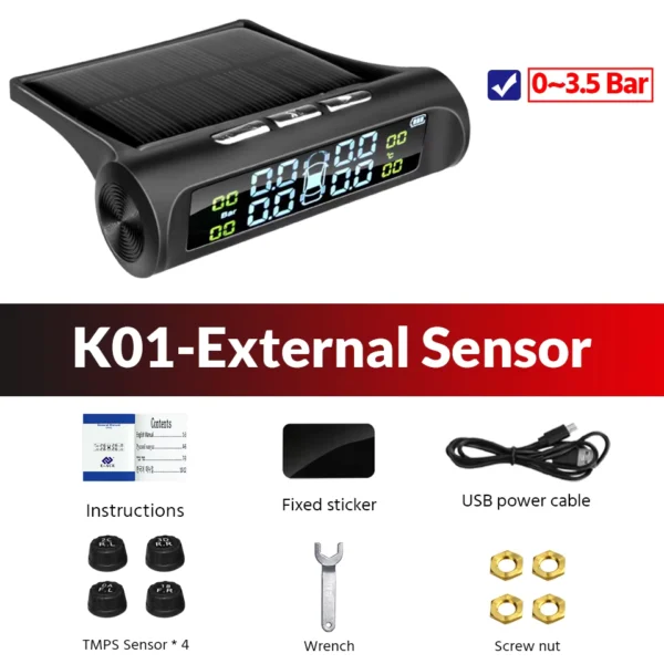Solar TPMS Car Tire Pressure Monitoring System with Sensors