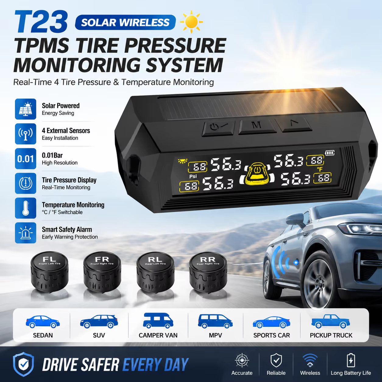Universal Wireless Solar Tire Pressure Monitoring System TPMS