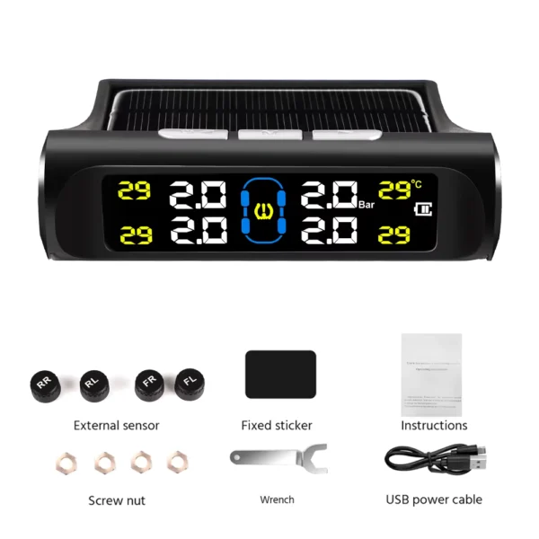Solar Power TPMS Tire Pressure & Temperature Monitor
