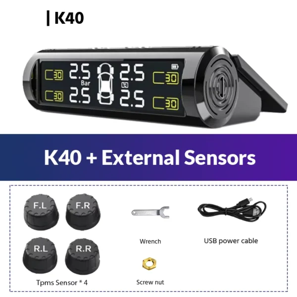 Solar TPMS Tire Pressure Monitor with 4 Sensors and LCD