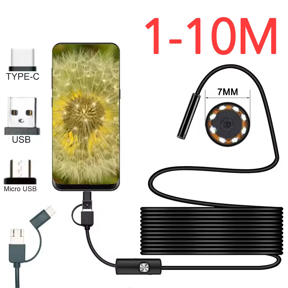 7mm Waterproof Endoscope Camera with Adjustable LED 1-10m Cable