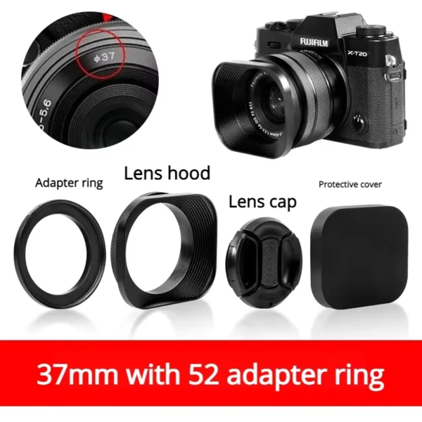 Square Metal Lens Hood Aluminum Alloy for 37-52mm Lenses