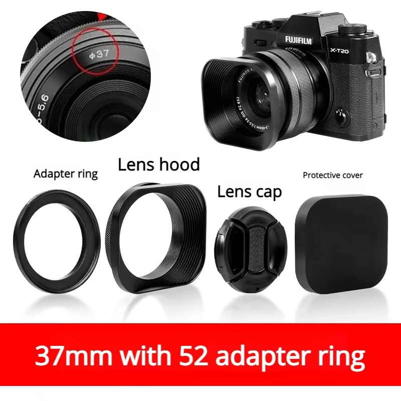 Square Metal Lens Hood Aluminum Alloy for 37-52mm Lenses