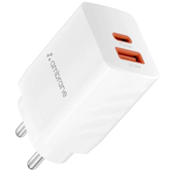 Ambrane 67W Gan Charger Dual Port Type A+C White