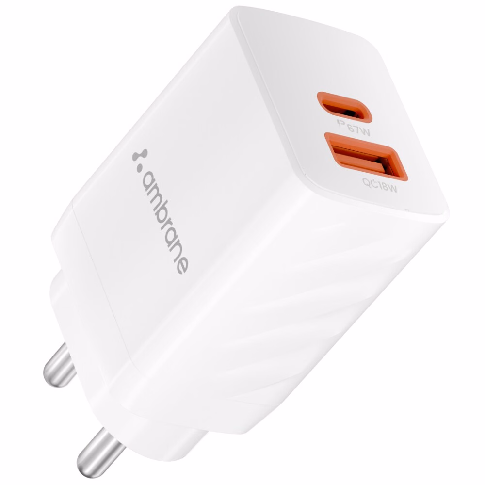 Ambrane 67W Gan Charger Dual Port Type A+C White