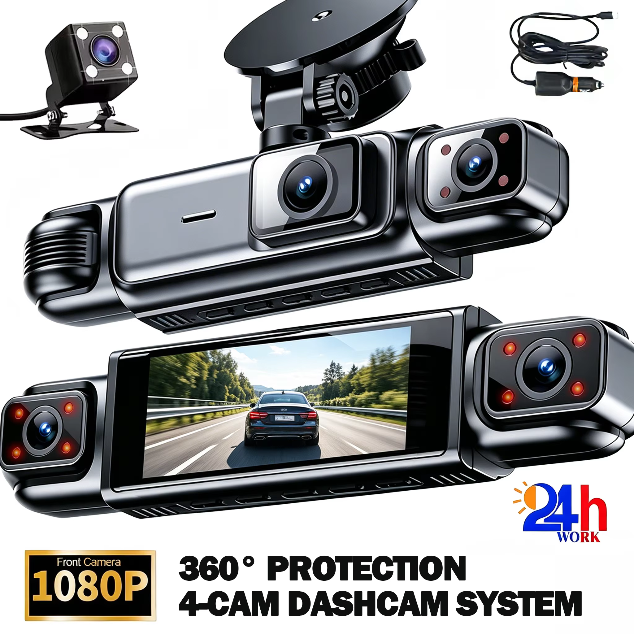 4-Channel 360° Car Dash Cam with Night Vision
