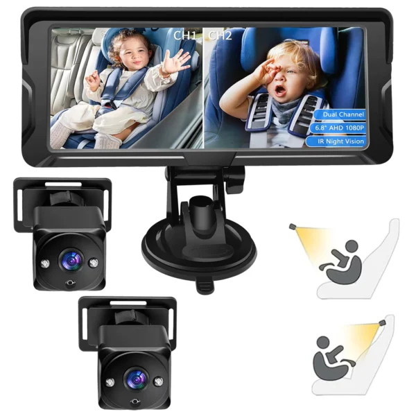 Dual Channel 6.8" Baby Car Monitor with 1080P Cameras