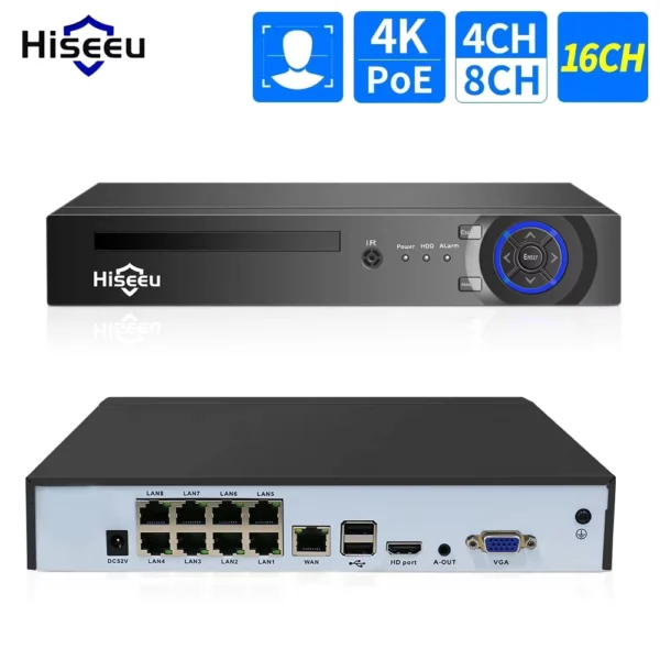 Hiseeu 4/8/16CH PoE NVR with H.265+ Compression & Face Detect