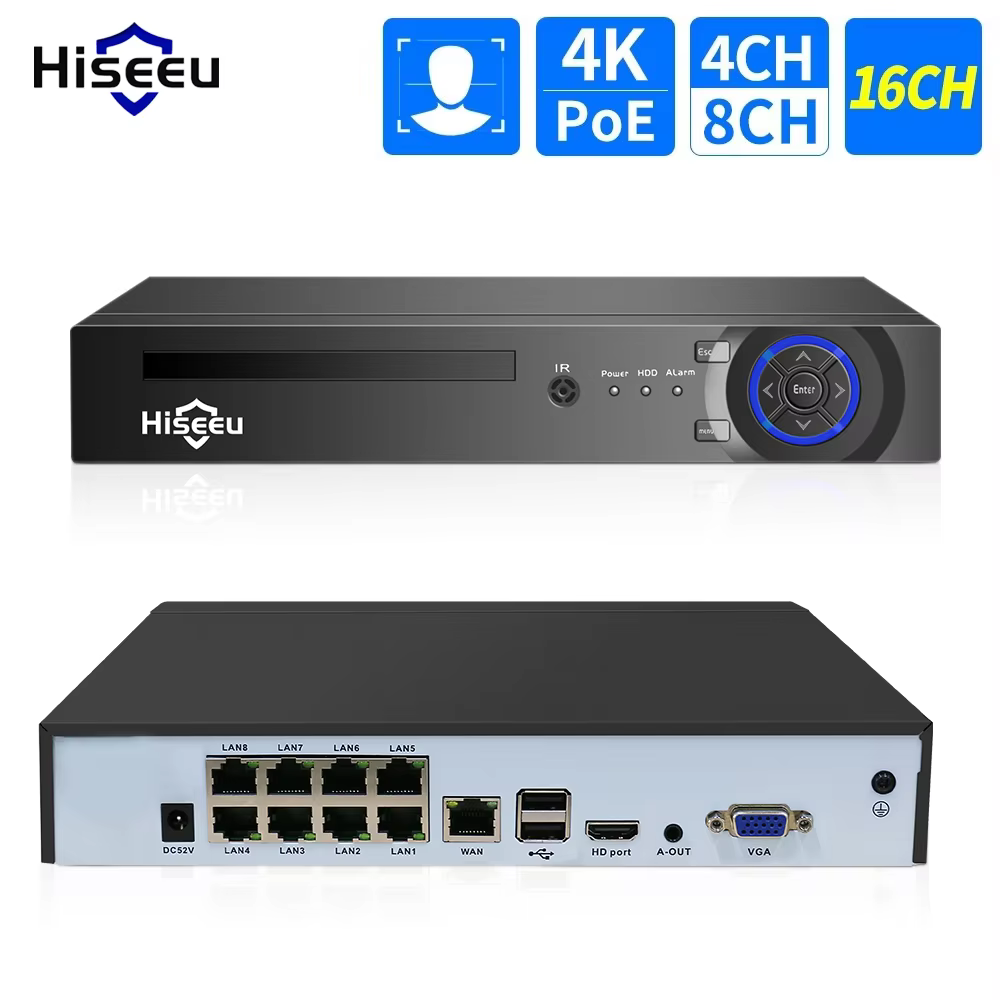 Hiseeu 4/8/16CH PoE NVR with H.265+ Compression & Face Detect