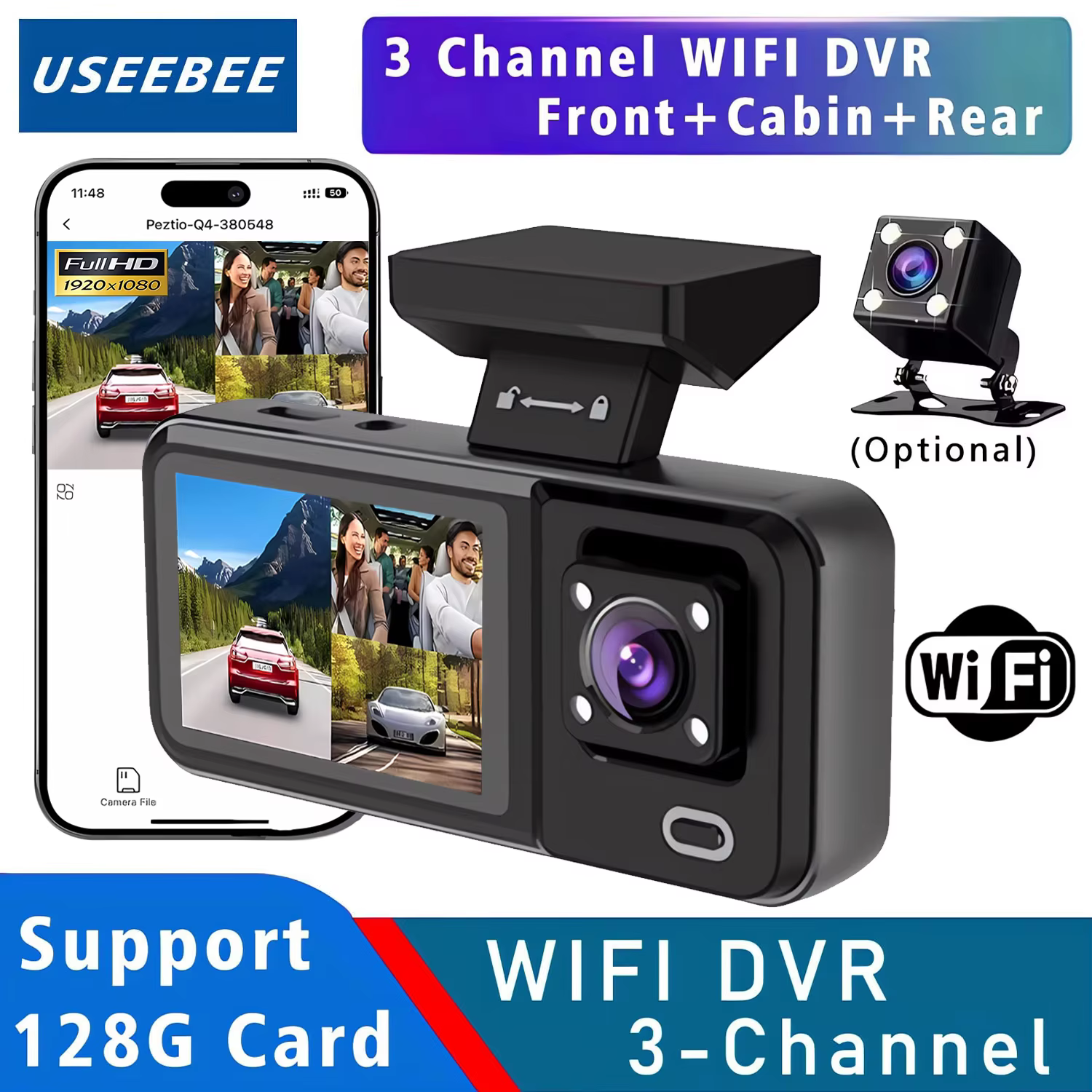 USEEBEE WIFI 3-Camera 1080P Car Dash Cam Recorder