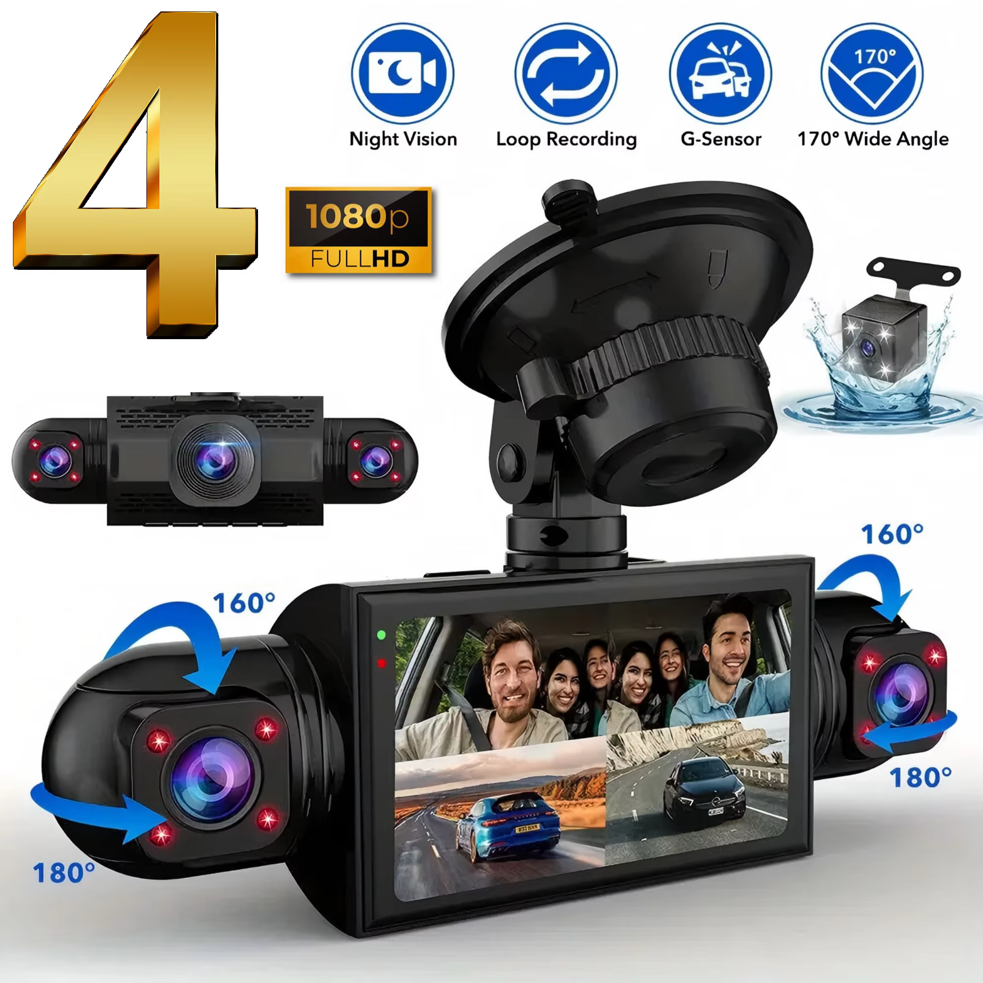 CATVEER 4-Channel Car Dash Cam with FHD and Night Vision