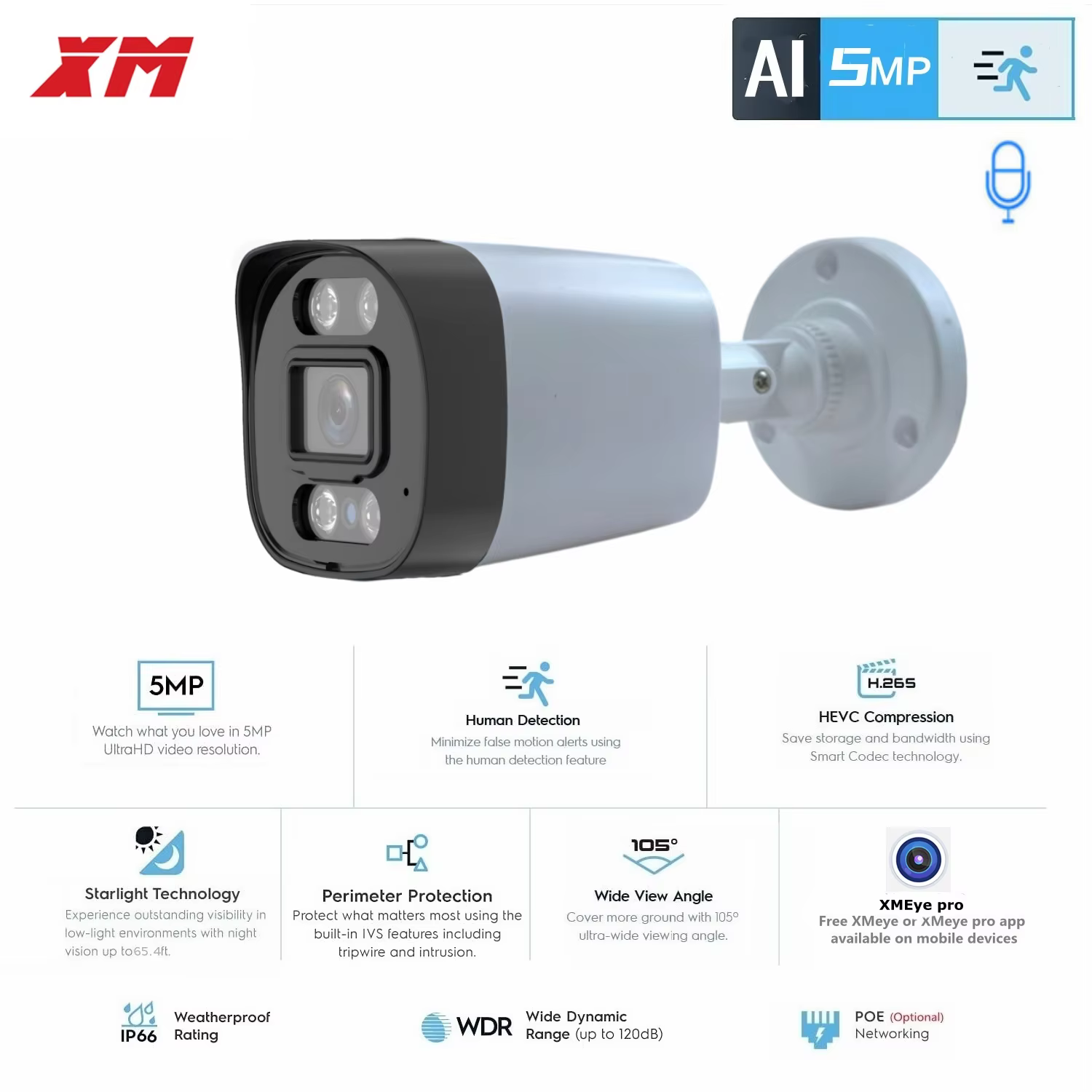 XM 5MP AI POE Outdoor Audio IP Security Camera