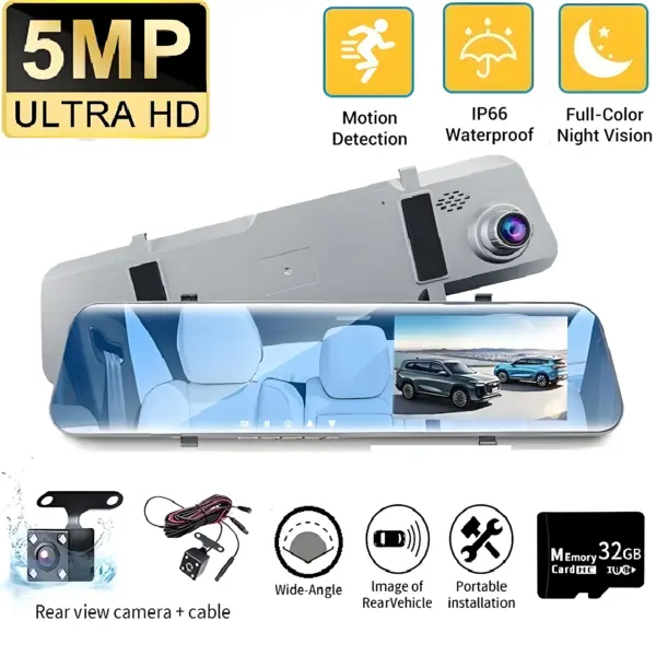 5MP Dual Lens Night Vision Dash Cam with 12In DVR Mirror