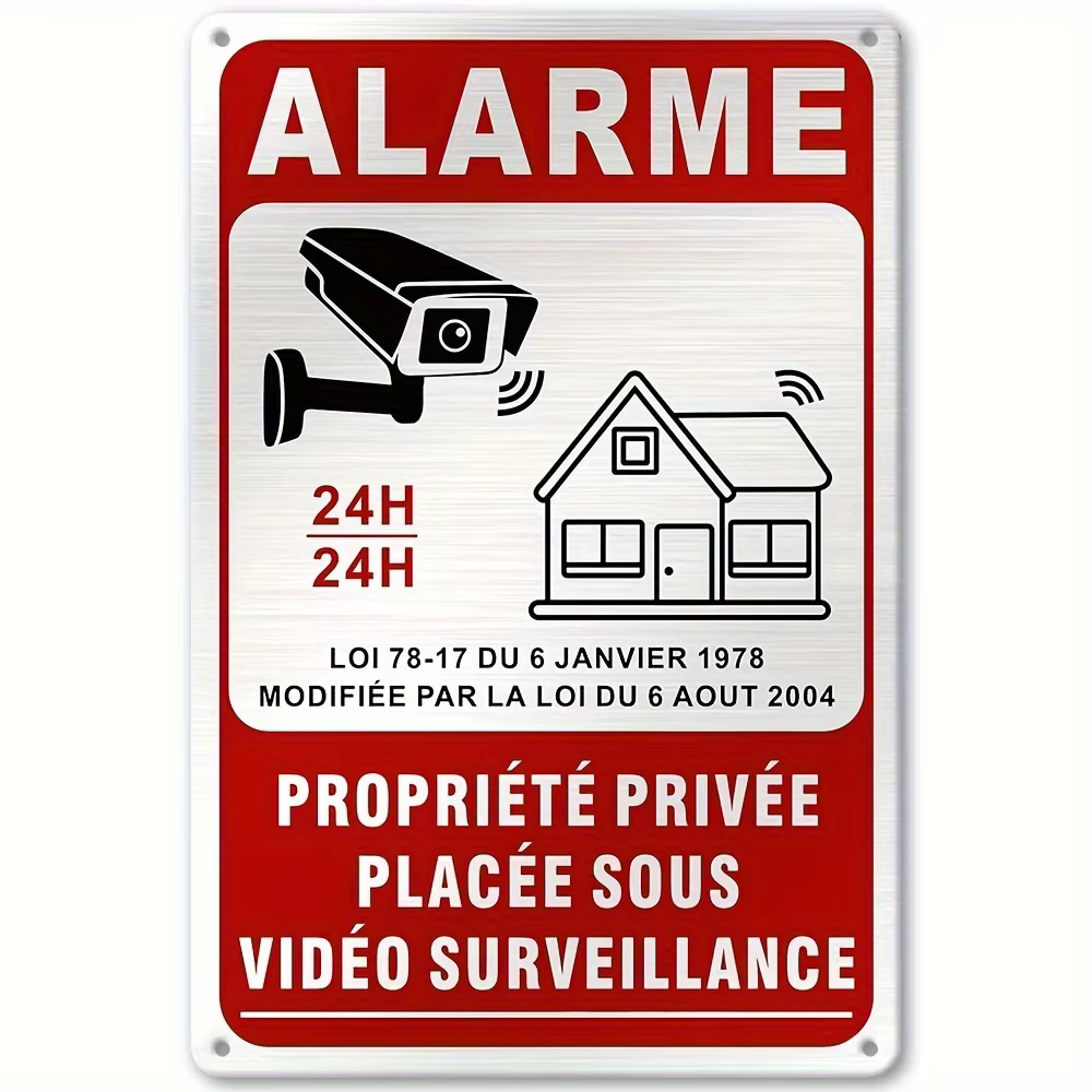 Vintage French Metal Security Sign Wall-Mounted Aluminum