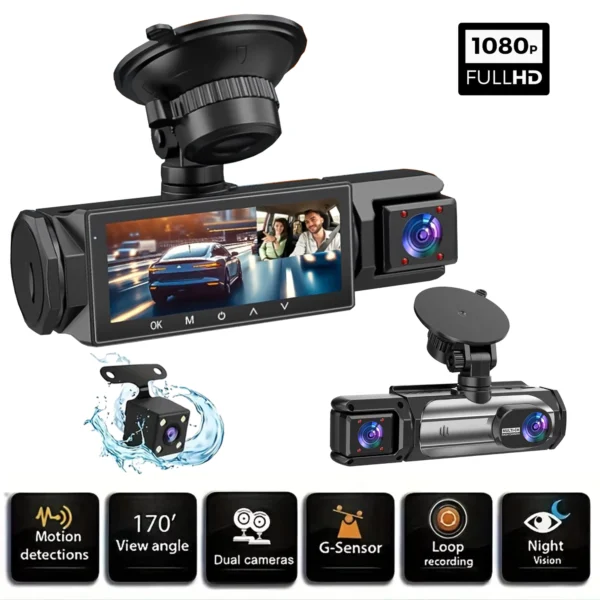 3-Camera Dash Cam 1080P Front & Rear Night Vision DVR