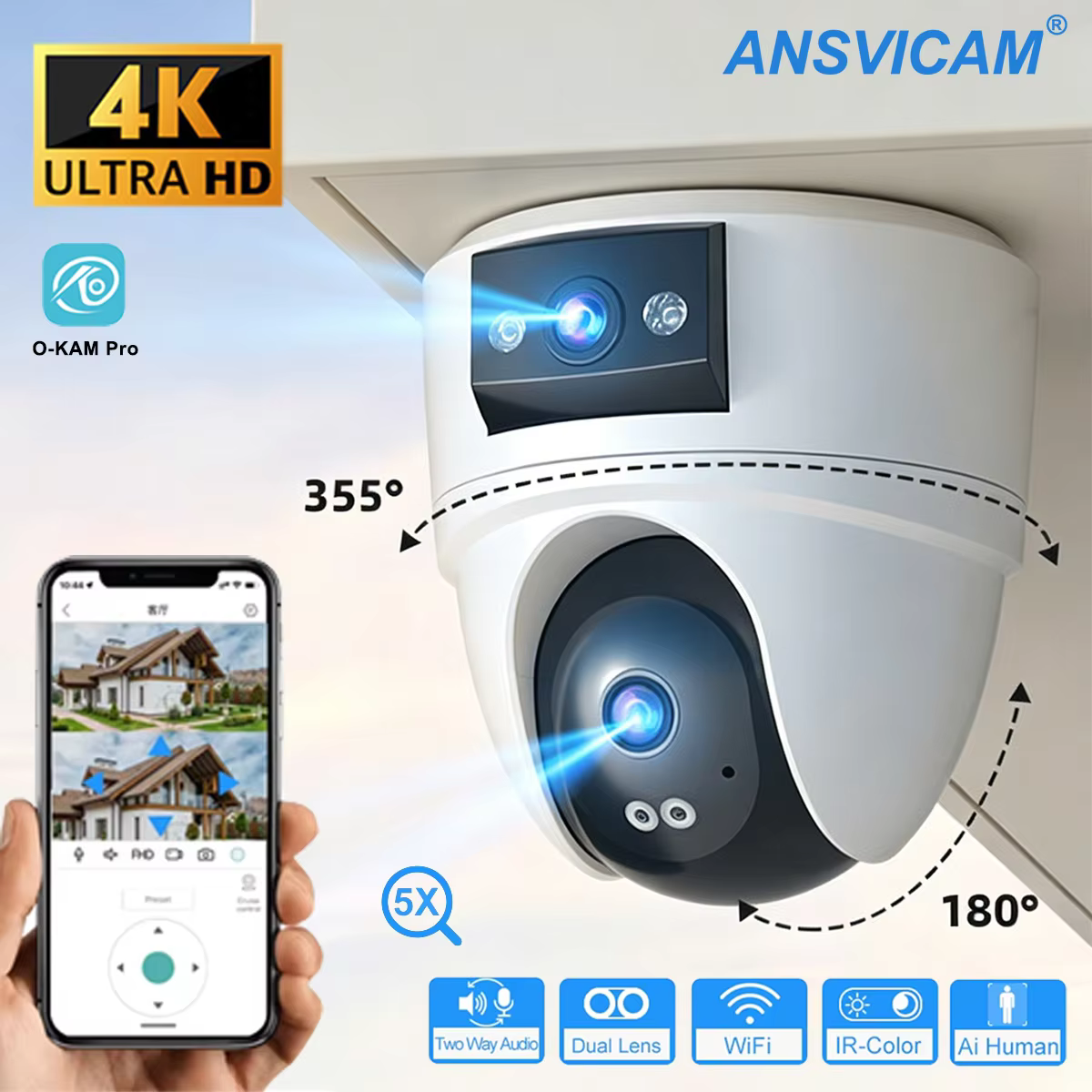 8MP 4K Dual Lens PTZ Security Camera with AI Detection